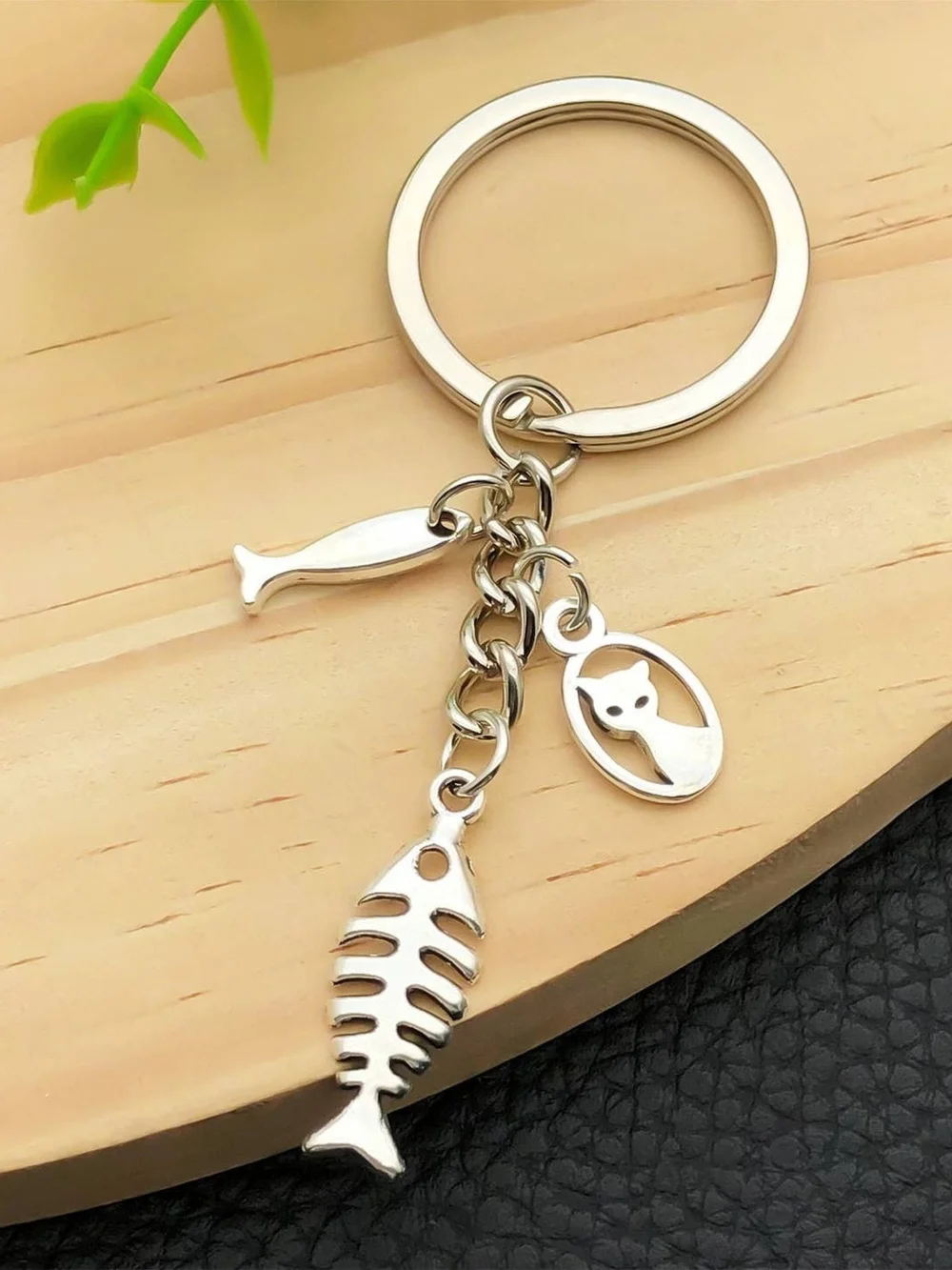Cat & Fishbone Charm Keychain